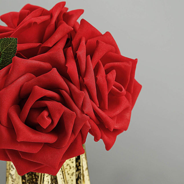 AliKopy 24 Red Foam Roses - 5" with Stem Wire & Lush Green Leaves