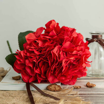 AliKopy 5 Bushes Red Artificial Silk Hydrangea Bouquets, Realistic Des