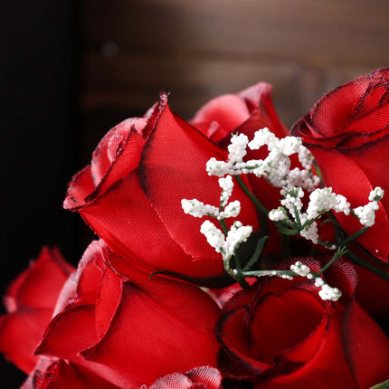 AliKopy 12 Premium Silk Rose Bud Bouquets - Red & Black, Realistic Des