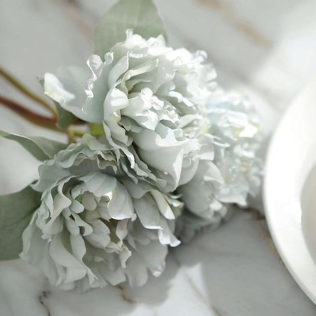 AliKopy 11" Silver Blue Real Touch Silk Peony Bouquet - Lifesize & Ele