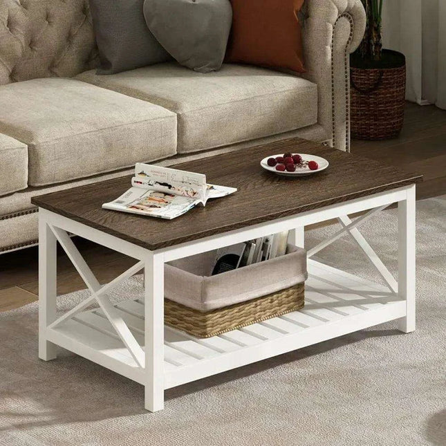 Rustic White Coffee Table with X-Cross Design and Storage Shelf - Easy to Assemble & Built to Last