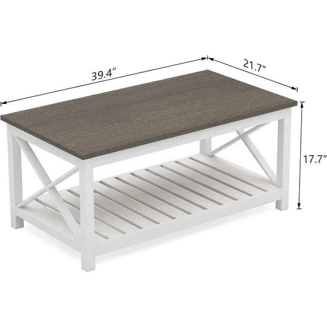 Rustic White Coffee Table with X-Cross Design and Storage Shelf - Easy to Assemble & Built to Last