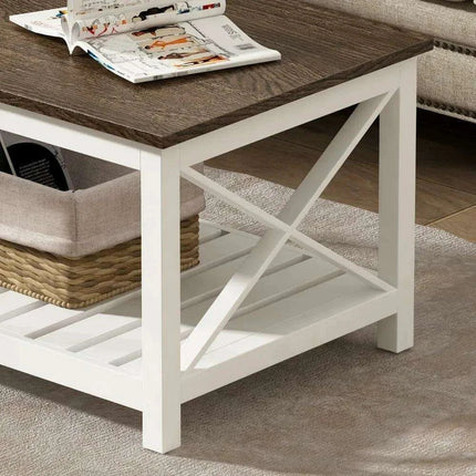 Rustic White Coffee Table with X-Cross Design and Storage Shelf - Easy to Assemble & Built to Last