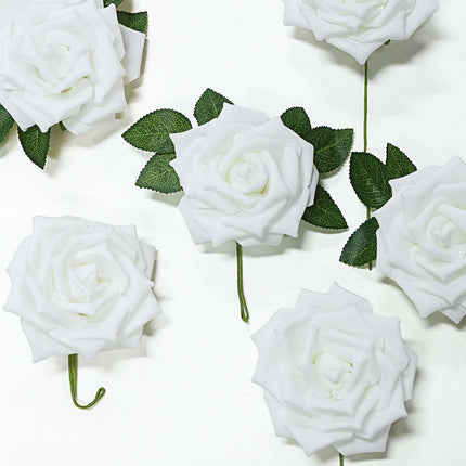 AliKopy 24 White Foam Roses - 5" Flowers with Stem Wire & Leaves