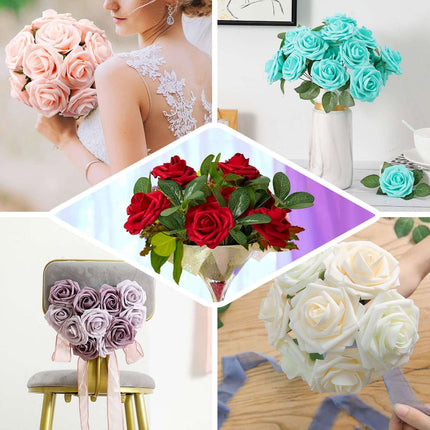 AliKopy 24 Dusty Rose Foam Flowers - 5" with Stem Wire & Leaves