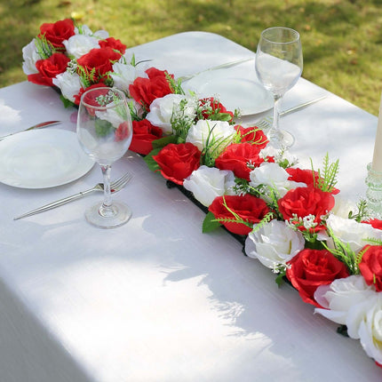 AliKopy 6 Pack Red Ivory Silk Rose Table Runner - 20"x8", Wedding Deco