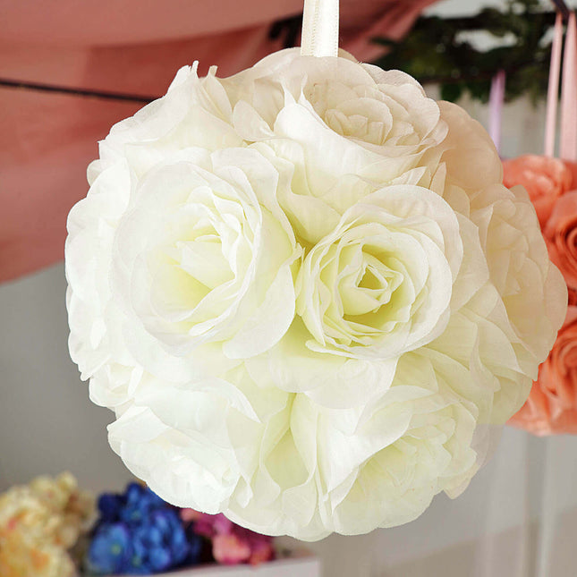 AliKopy 2 Pack 7" Cream Artificial Silk Rose Kissing Ball - Realistic