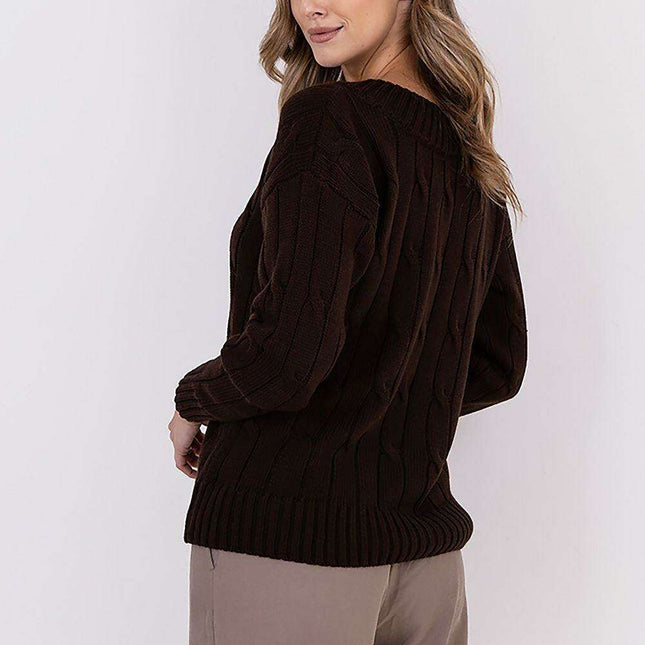 Elegant Plaid Knit Sweater with Decorative Detailing