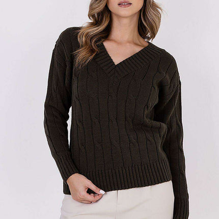 Elegant Plaid Knit Sweater with Decorative Detailing