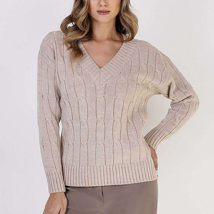 Elegant Plaid Knit Sweater with Decorative Detailing
