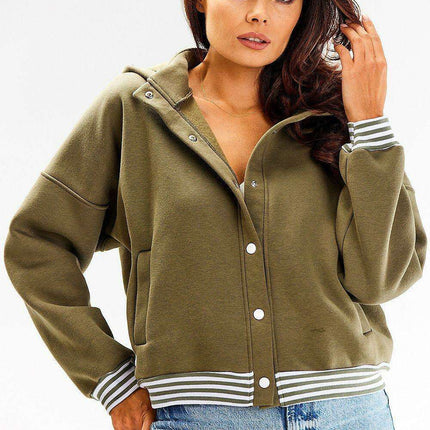 Chic Striped Ribbed Hooded Bomber Sweatshirt with Elegant White Snap Fasteners