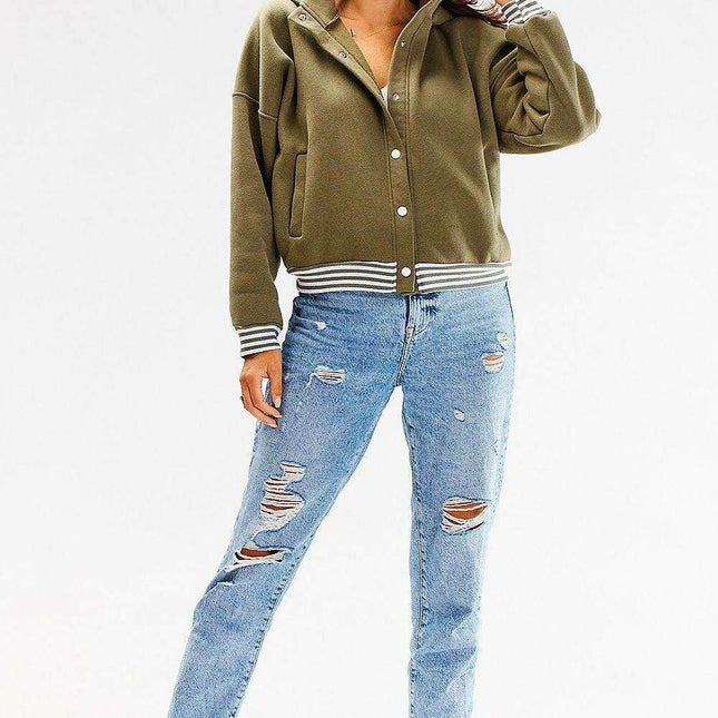 Chic Striped Ribbed Hooded Bomber Sweatshirt with Elegant White Snap Fasteners