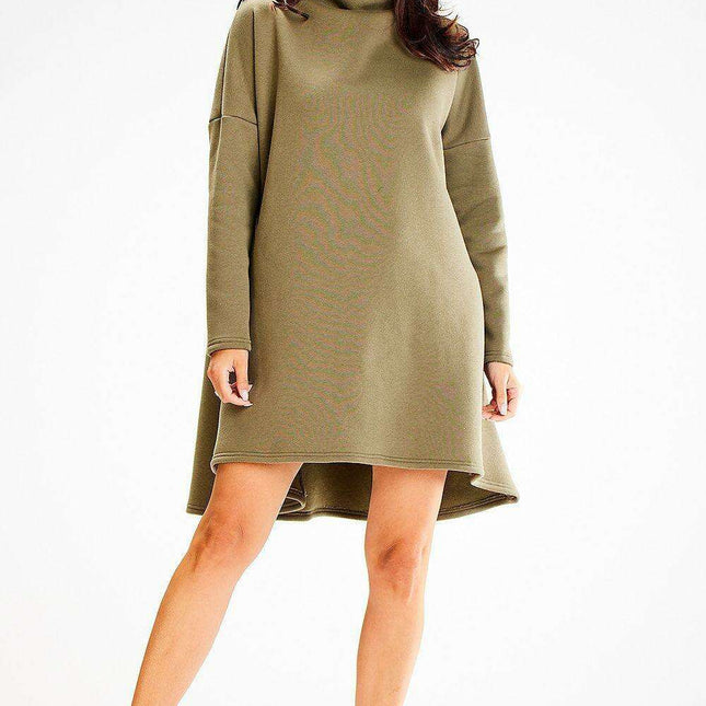 Cozy Autumn Trapeze Turtleneck Dress with Stretchy Comfort