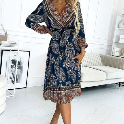 Chic Blue Pleated Midi Dress with Belt by Numoco