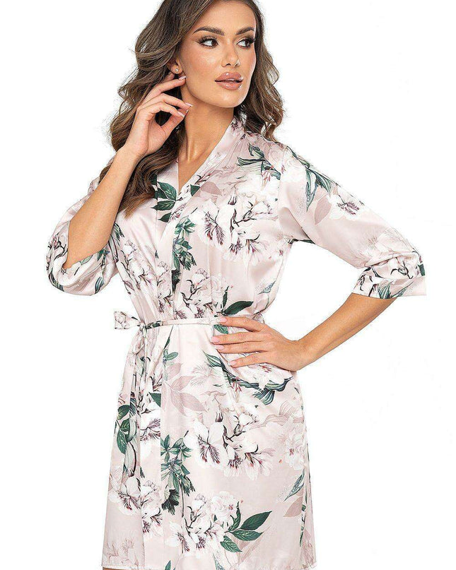 Elegant Powder Pink and Green Floral Satin NELLY Bathrobe