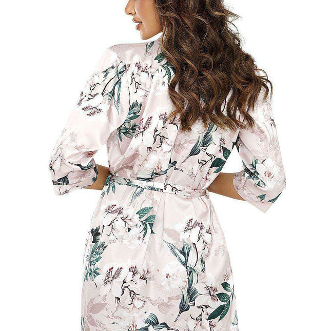 Elegant Powder Pink and Green Floral Satin NELLY Bathrobe