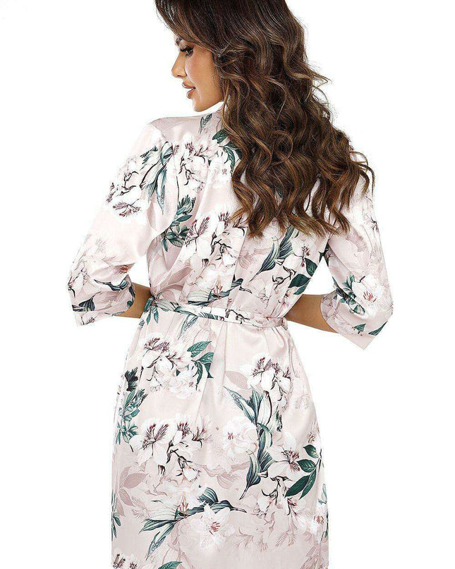 Elegant Powder Pink and Green Floral Satin NELLY Bathrobe