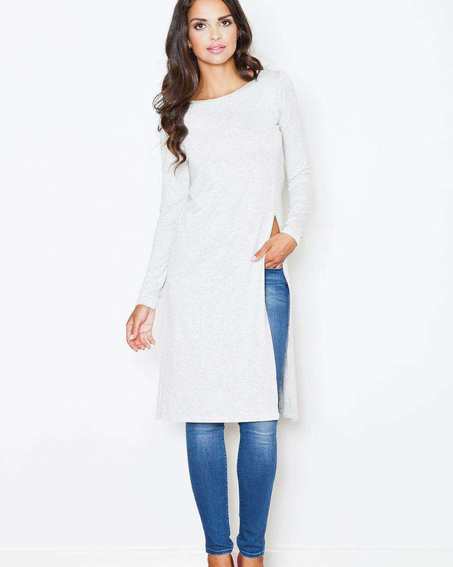 Elegant Side-Slit Long Sleeve Tunic Dress - Mod 44461