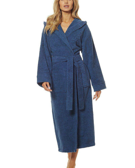 Luxurious Navy Blue Cotton Hooded Bathrobe with Pockets and Adjustable Waist Tie