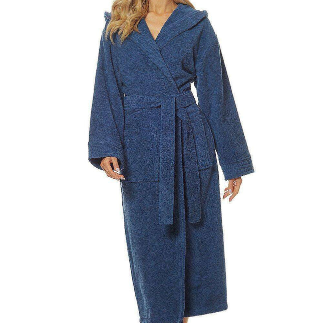 Luxurious Navy Blue Cotton Hooded Bathrobe with Pockets and Adjustable Waist Tie