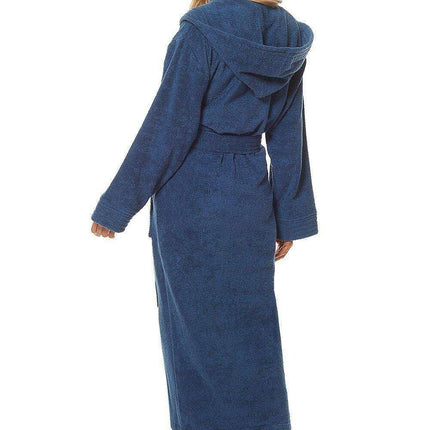 Luxurious Navy Blue Cotton Hooded Bathrobe with Pockets and Adjustable Waist Tie