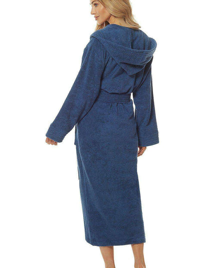 Luxurious Navy Blue Cotton Hooded Bathrobe with Pockets and Adjustable Waist Tie