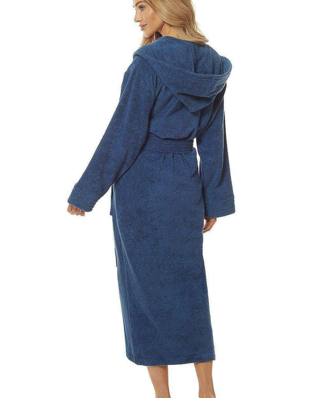 Luxurious Navy Blue Cotton Hooded Bathrobe with Pockets and Adjustable Waist Tie