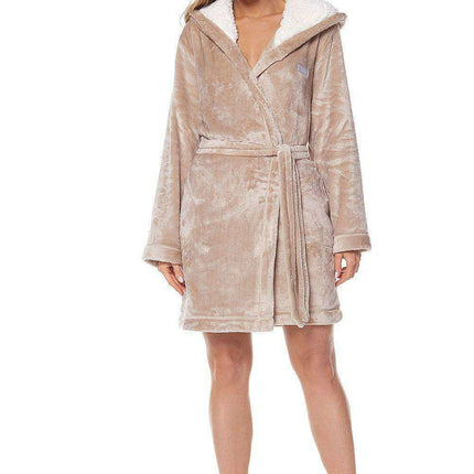 Hello Beige Plush Fleece-Lined Hooded Robe with Cozy Fur Trim