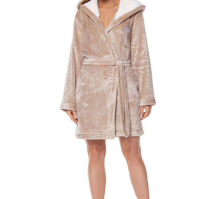 Hello Beige Plush Fleece-Lined Hooded Robe with Cozy Fur Trim