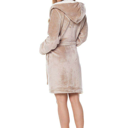 Hello Beige Plush Fleece-Lined Hooded Robe with Cozy Fur Trim
