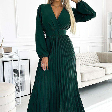 Sophisticated Ocean-Inspired Pleated Midi Dress with Elegant Envelope Neckline - Perfect for Any Occasion