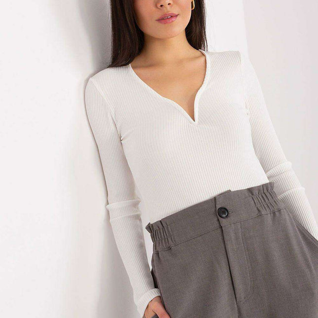 Feminine Ribbed Cotton Blend Blouse with Heart-Shaped Neckline