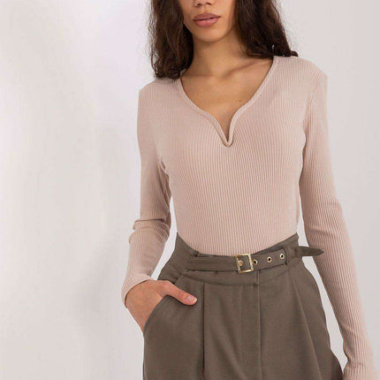 Feminine Ribbed Cotton Blend Blouse with Heart-Shaped Neckline