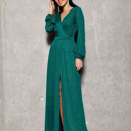 Glamorous Brocade Maxi Dress with Stylish Waist Belt and Eye-Catching Leg Cutout - Ideal for Elegant Events