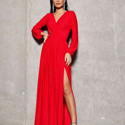 Glamorous Brocade Maxi Dress with Stylish Waist Belt and Eye-Catching Leg Cutout - Ideal for Elegant Events