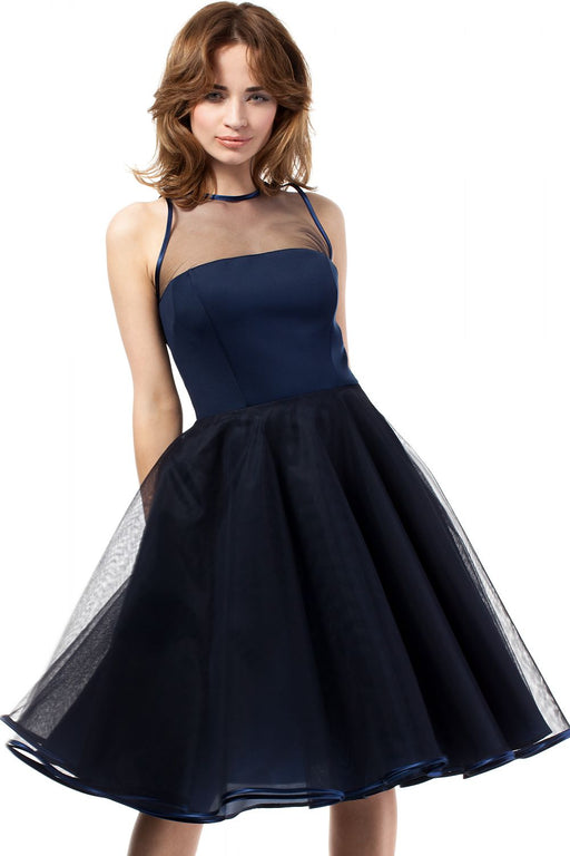 Elegant Flared Evening Gown with Tulle Neckline and Velvet Ribbon Waist Tie