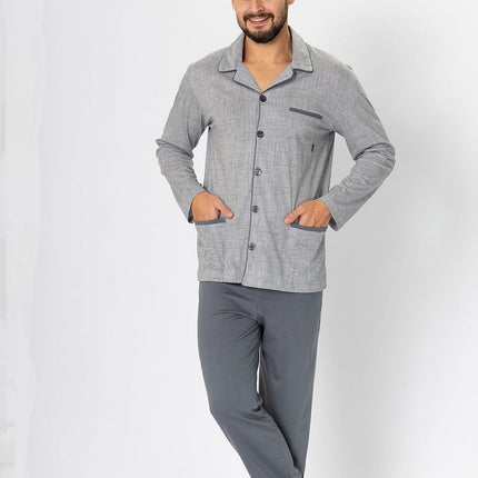 Men's Pajama Set Unbuttoned Top With Subtle Pattern And Satin Piping - Très Elite