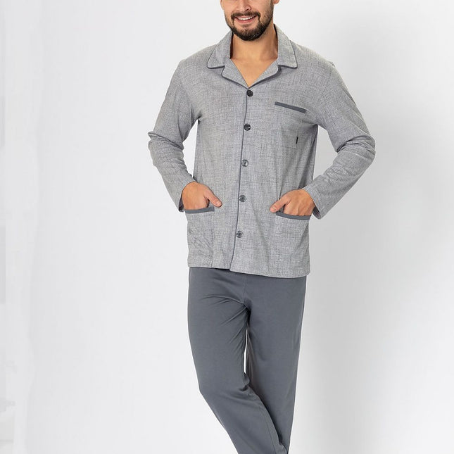 Men's Pajama Set Unbuttoned Top With Subtle Pattern And Satin Piping - Très Elite