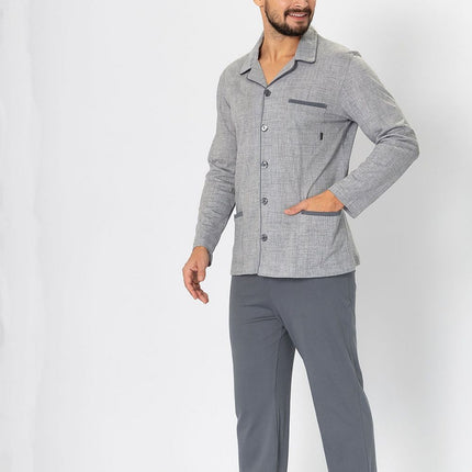 Men's Pajama Set Unbuttoned Top With Subtle Pattern And Satin Piping - Très Elite