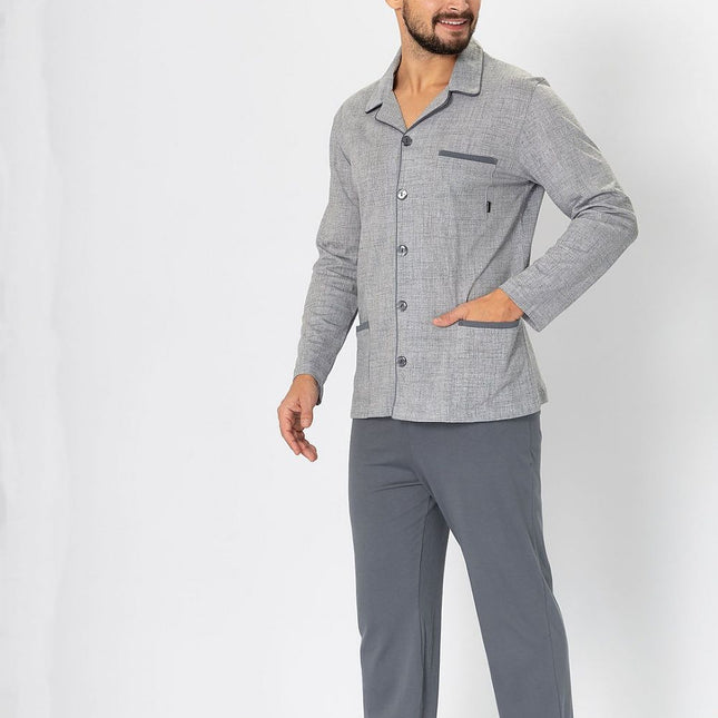 Men's Pajama Set Unbuttoned Top With Subtle Pattern And Satin Piping - Très Elite