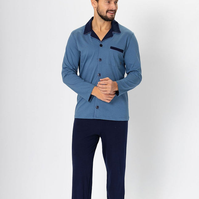 Men's Pajama Set With Satin Piping And Contrasting Knit Top - Très Elite