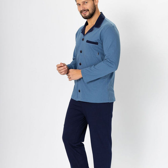 Men's Pajama Set With Satin Piping And Contrasting Knit Top - Très Elite