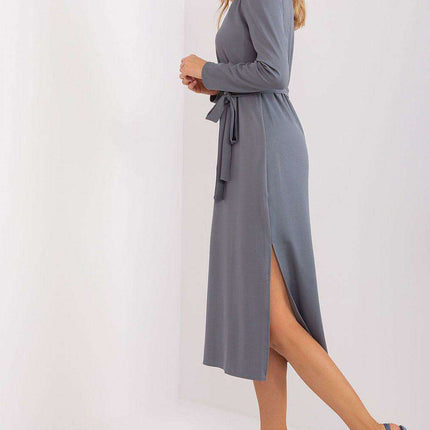 Chic Ribbed Midi Dress with Adjustable Waist Tie