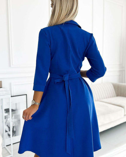 Indigo Elegance: Shirred Flared Dress with Belt crafted by Numoco