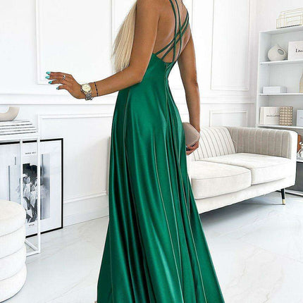 Elegant Emerald Satin Evening Gown by Numoco