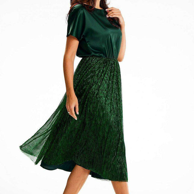 Elegant Satin and Mesh Kimono Sleeve Midi Dress