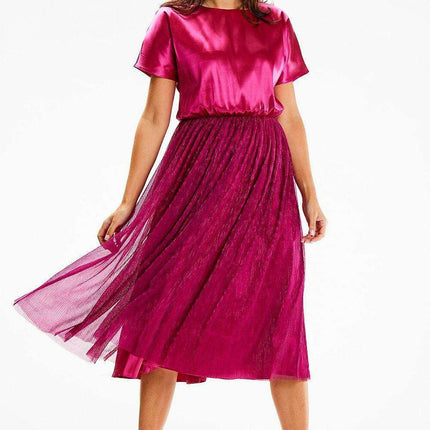 Elegant Satin and Mesh Kimono Sleeve Midi Dress