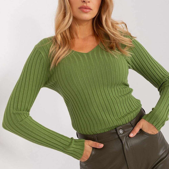 Women's Ribbed V-Neck Sweater – Soft Viscose Everyday Knit
