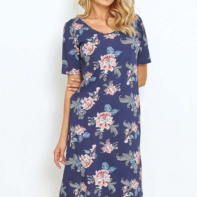 Navy Blue Floral Cotton Knee-Length Nightgown