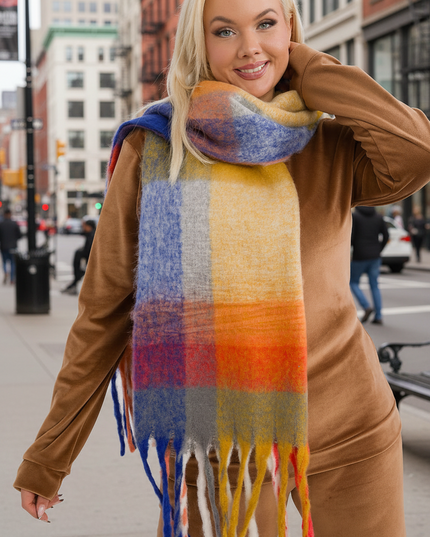 Cozy Colorful Plaid Shawl with Elegant Tassels